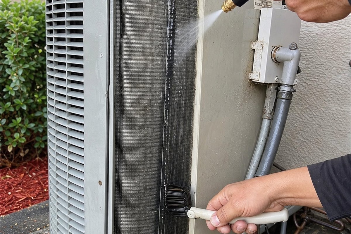 Cleaning an AC coil during a Doral maintenance visit