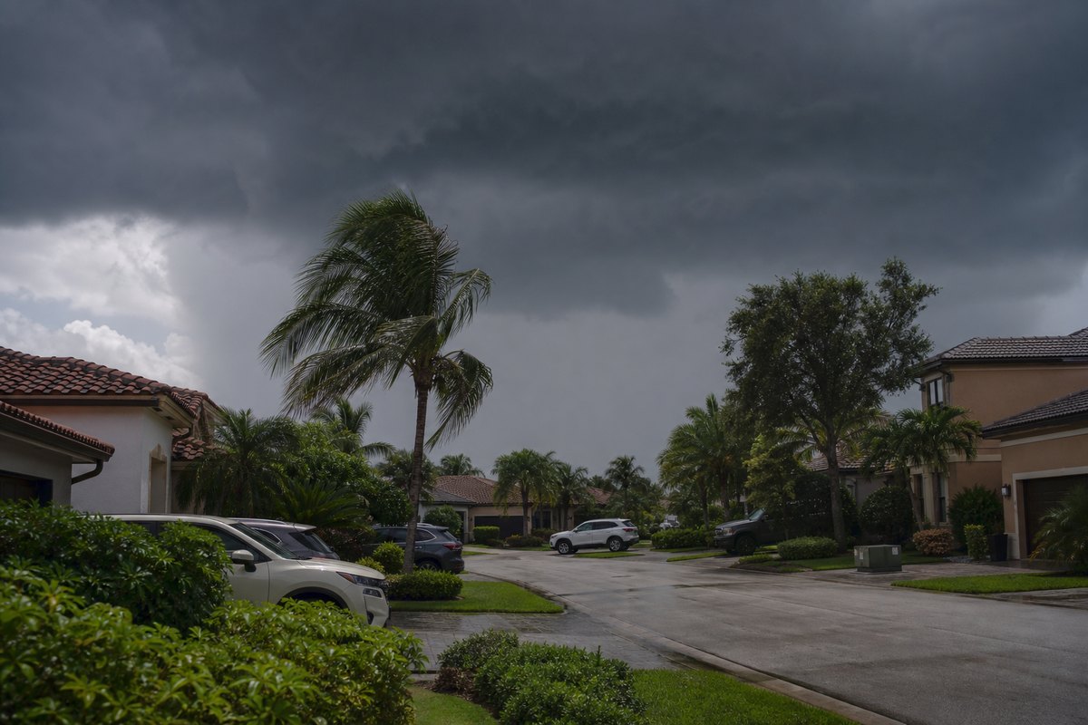 Storm clouds over a Doral roofline near outdoor AC equipment