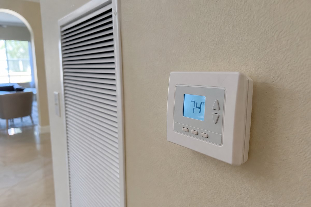 Thermostat on a wall inside a Doral home